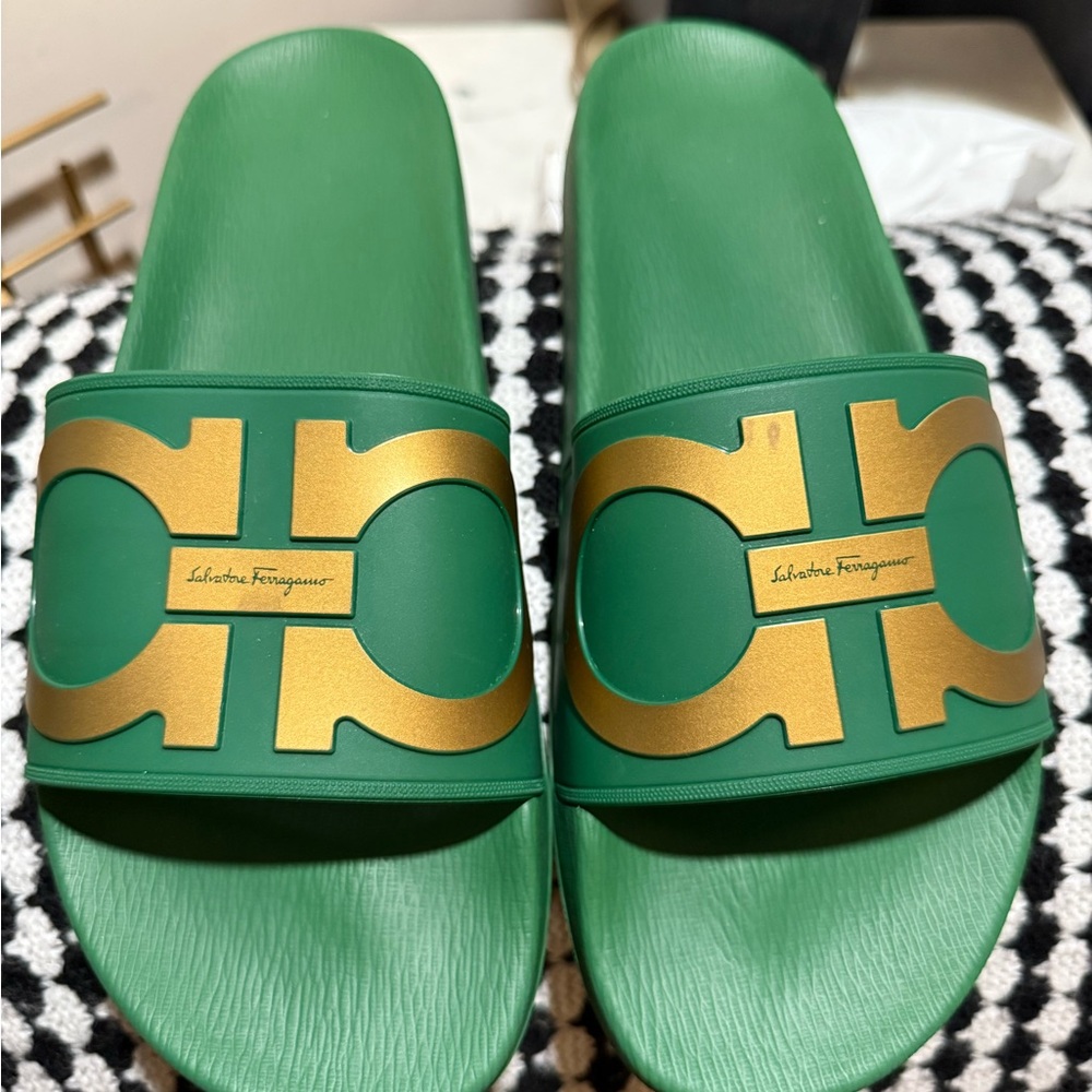 Salvatore Ferragamo Emerald and Gold Slides